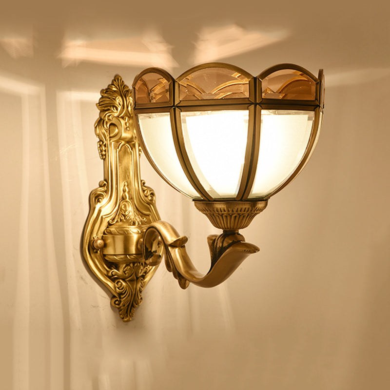 Bowl Translucent Glass Wall Mount Lamp Colonial Style 1/2-Light Bedside Wall Light Sconce in Brass