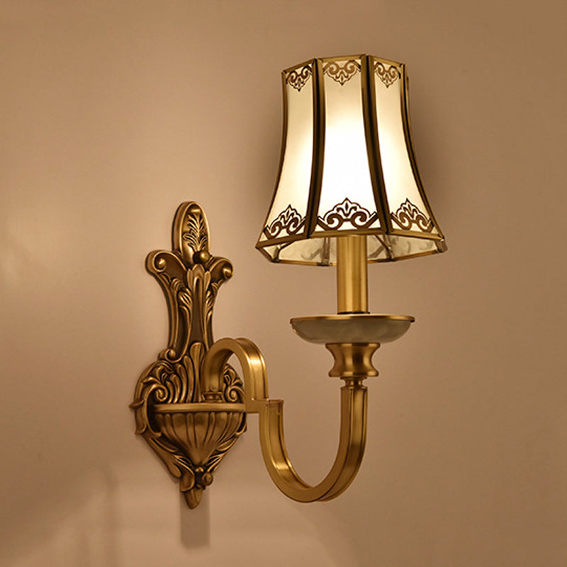 1/2 Heads Wall Lighting Fixture Colonial Style Flared Translucent Glass Wall Mounted Lamp in Brass