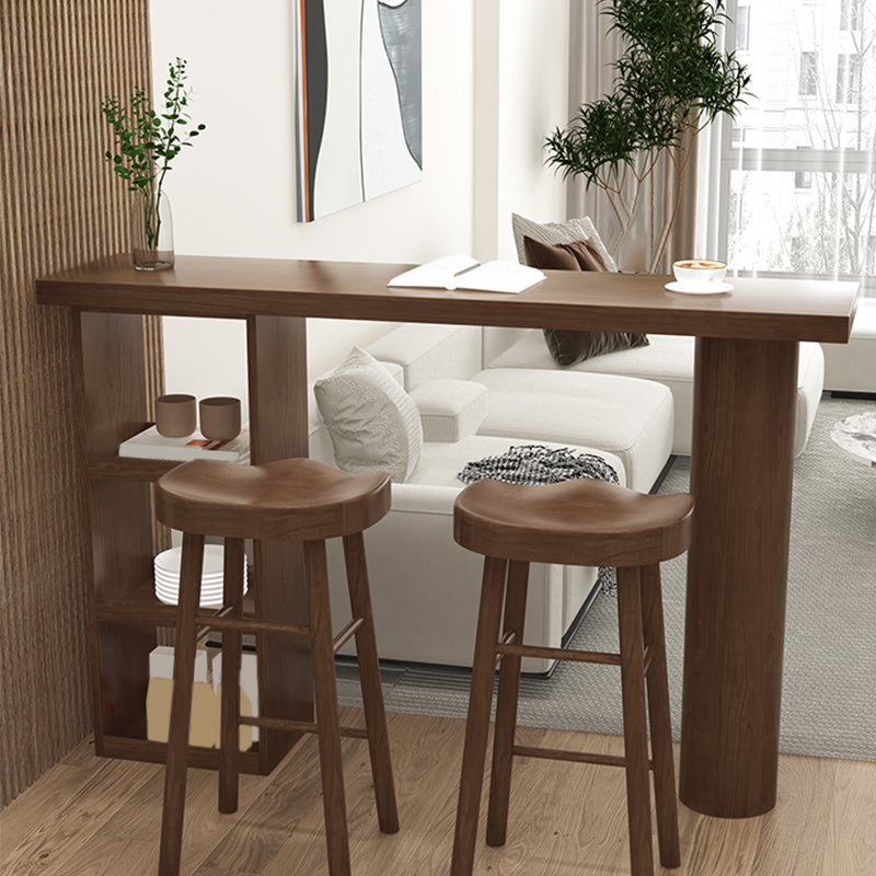 Brown Pine Wood Rectangle Bar Table with Storage for Living Room