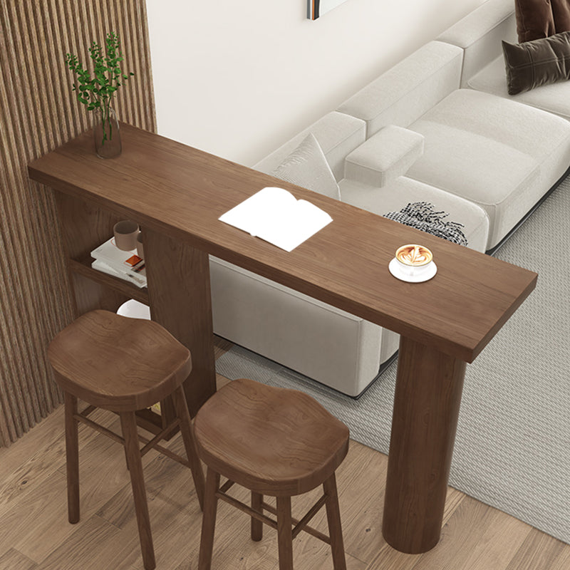 Brown Pine Wood Rectangle Bar Table with Storage for Living Room
