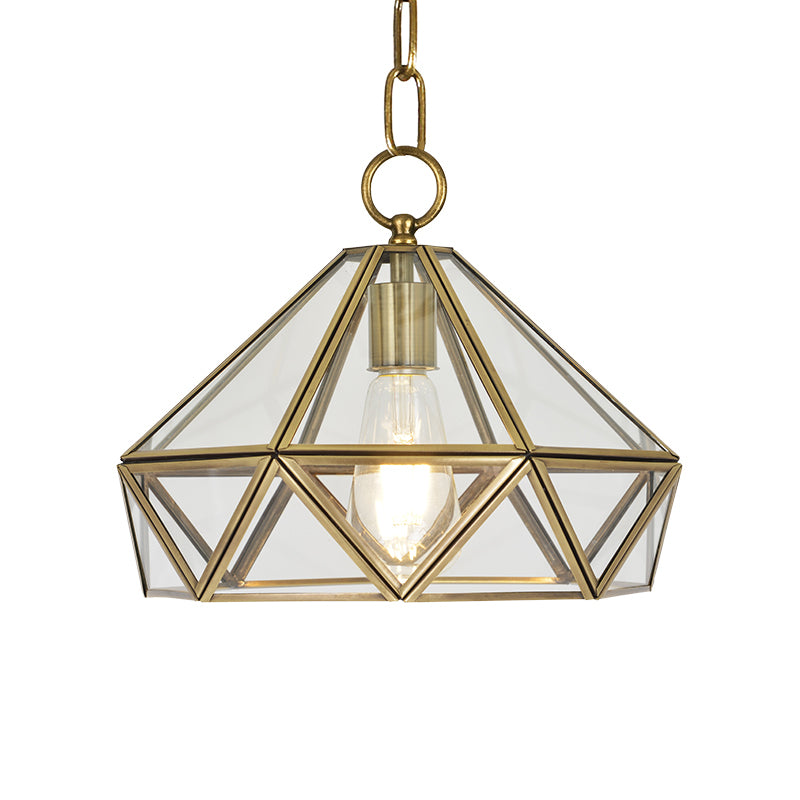 Colonial Diamond Shape Pendant Lighting 1 Bulb Clear Glass Ceiling Hang Fixture in Brass for Bedroom