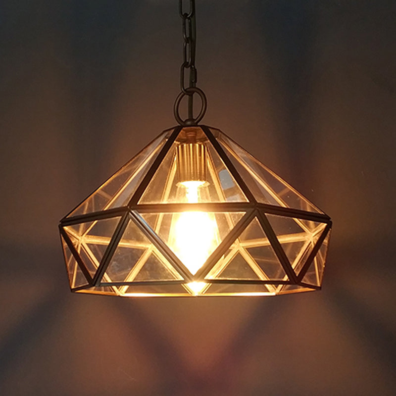 Colonial Diamond Shape Pendant Lighting 1 Bulb Clear Glass Ceiling Hang Fixture in Brass for Bedroom