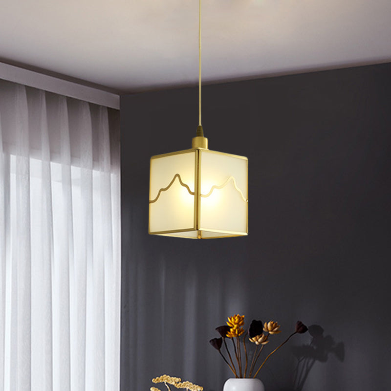 1-Light Cube Hanging Light Kit Minimalist Brass Finish Translucent Glass Suspension Lamp