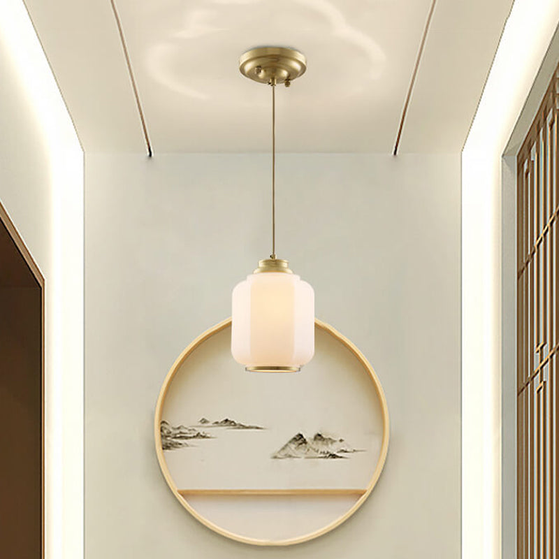 Opal Glass Lantern Suspension Light Traditional 1 Bulb Hallway Hanging Ceiling Lamp in Brass