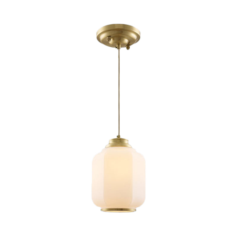 Opal Glass Lantern Suspension Light Traditional 1 Bulb Hallway Hanging Ceiling Lamp in Brass