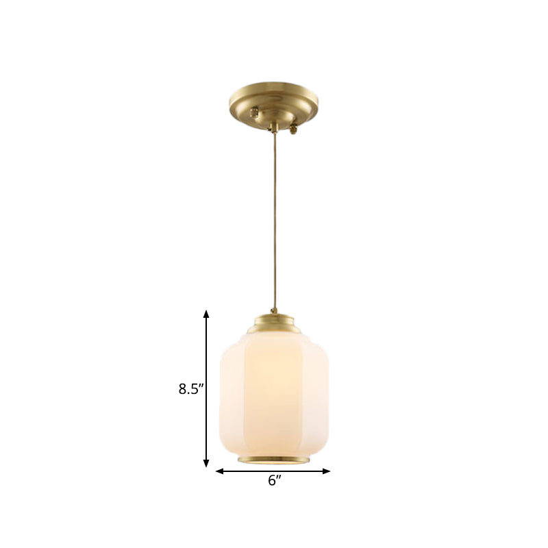 Opal Glass Lantern Suspension Light Traditional 1 Bulb Hallway Hanging Ceiling Lamp in Brass