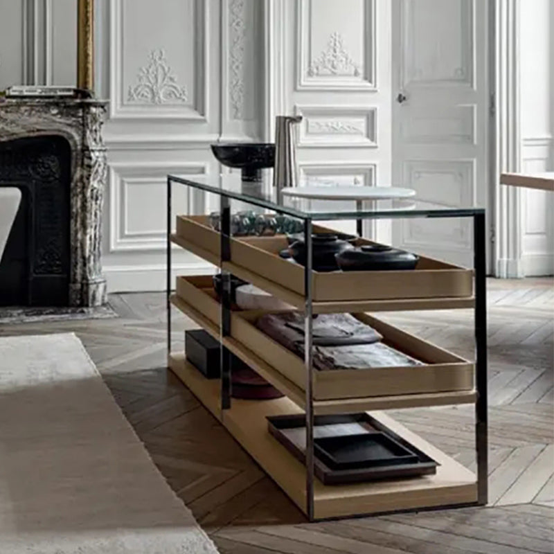 Stationary Glass Open Storage Prep Table Modern Style Rectangle with Drawer