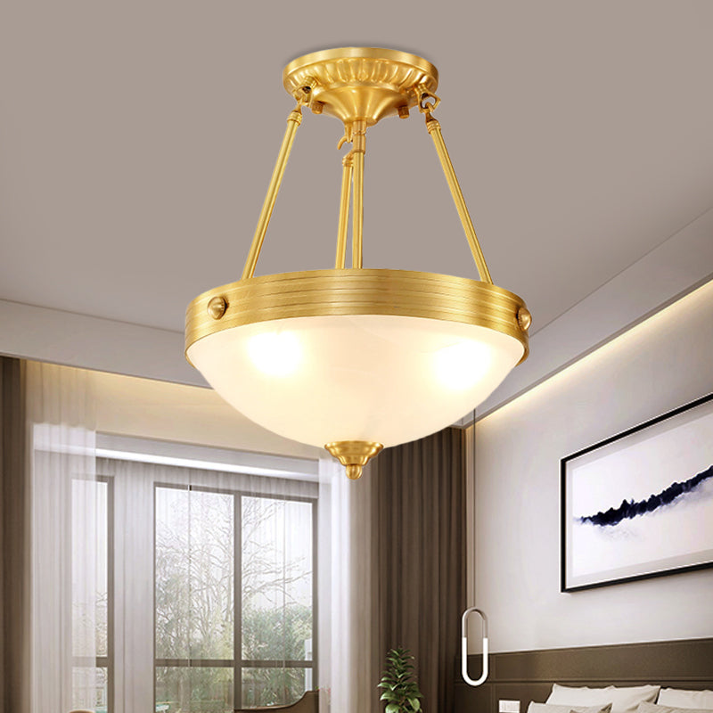 Frosted Glass Dome Semi Flush Mount Traditional 3 Lights Bedroom Close to Ceiling Light in Brass