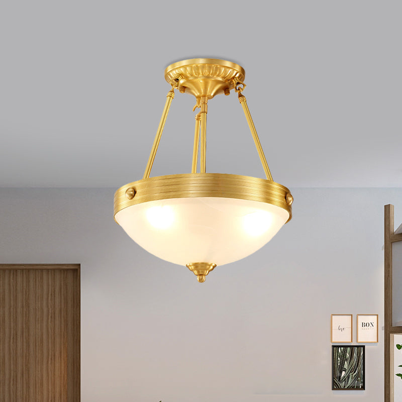 Frosted Glass Dome Semi Flush Mount Traditional 3 Lights Bedroom Close to Ceiling Light in Brass