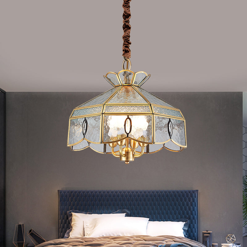 Colonial Style Geometric Pendant Chandelier 4 Lights Clear Water Glass Hanging Ceiling Lamp in Brass