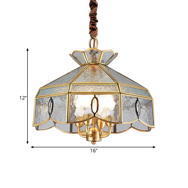 Colonial Style Geometric Pendant Chandelier 4 Lights Clear Water Glass Hanging Ceiling Lamp in Brass