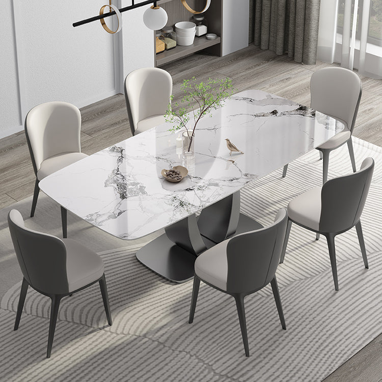 Rectangular Stone Top Dining Table Double Pedestal Metal Base for Living Room