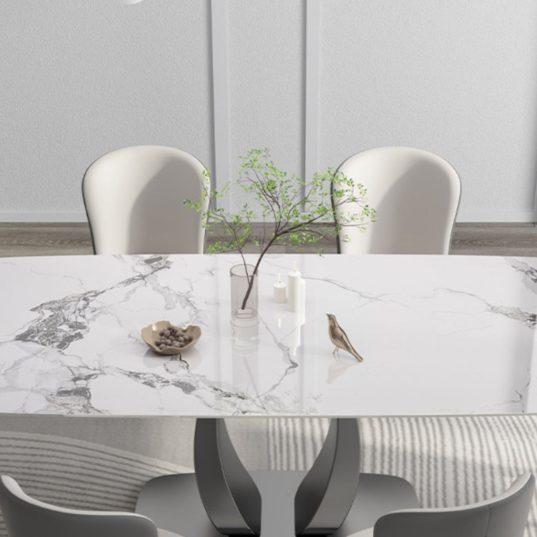 Rectangular Stone Top Dining Table Double Pedestal Metal Base for Living Room