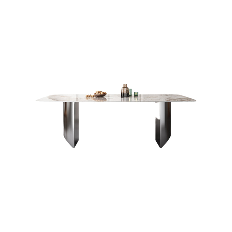 Modern Rectangular Stone Top Dining Table Double Pedestal Metal Base