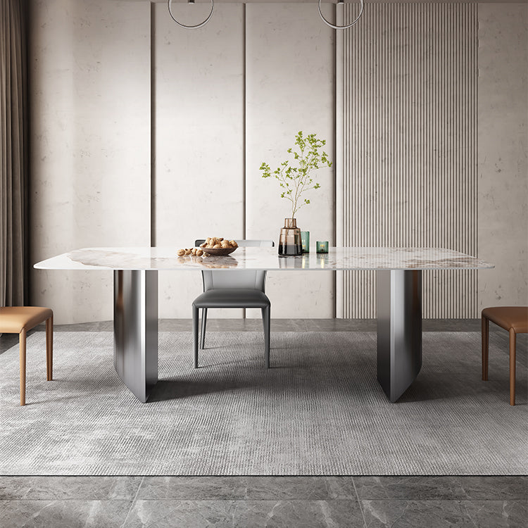 Modern Rectangular Stone Top Dining Table Double Pedestal Metal Base