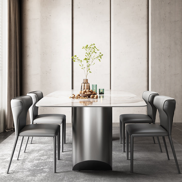 Modern Rectangular Stone Top Dining Table Double Pedestal Metal Base