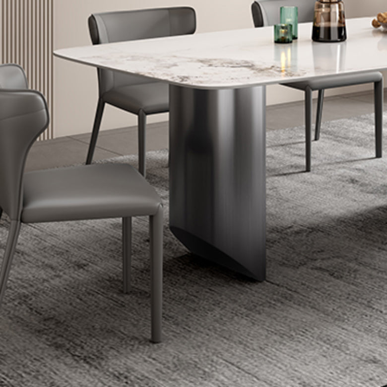 Modern Rectangular Stone Top Dining Table Double Pedestal Metal Base