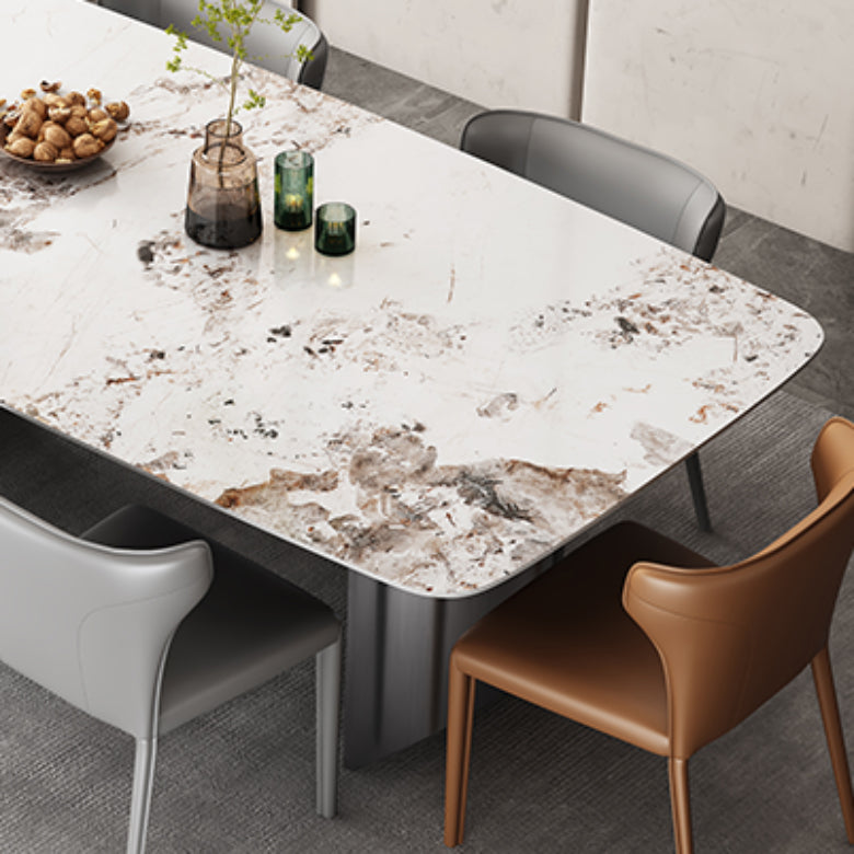 Modern Rectangular Stone Top Dining Table Double Pedestal Metal Base