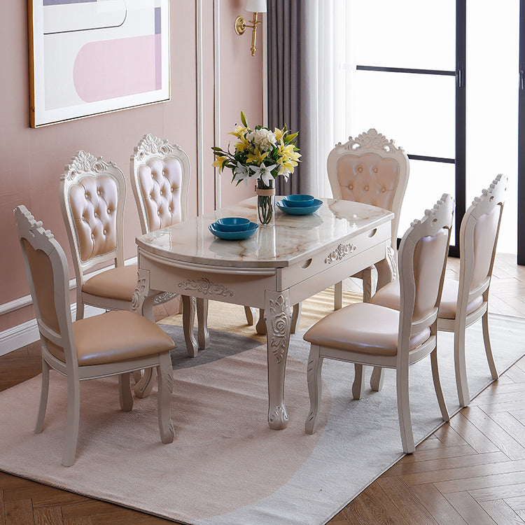 Round Faux Marble 4 Legs Dining Site Table in White with Drop-Leaf