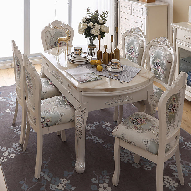 Round Faux Marble 4 Legs Dining Site Table in White with Drop-Leaf