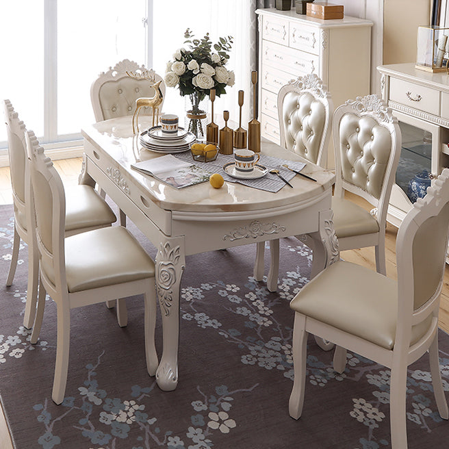 Round Faux Marble 4 Legs Dining Site Table in White with Drop-Leaf