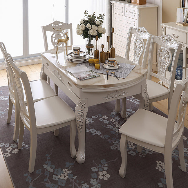 Round Faux Marble 4 Legs Dining Site Table in White with Drop-Leaf