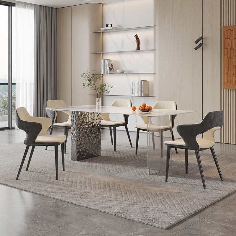 Rectangular Dining Table Grey Stone Table Top Double Pedestal Metal Base