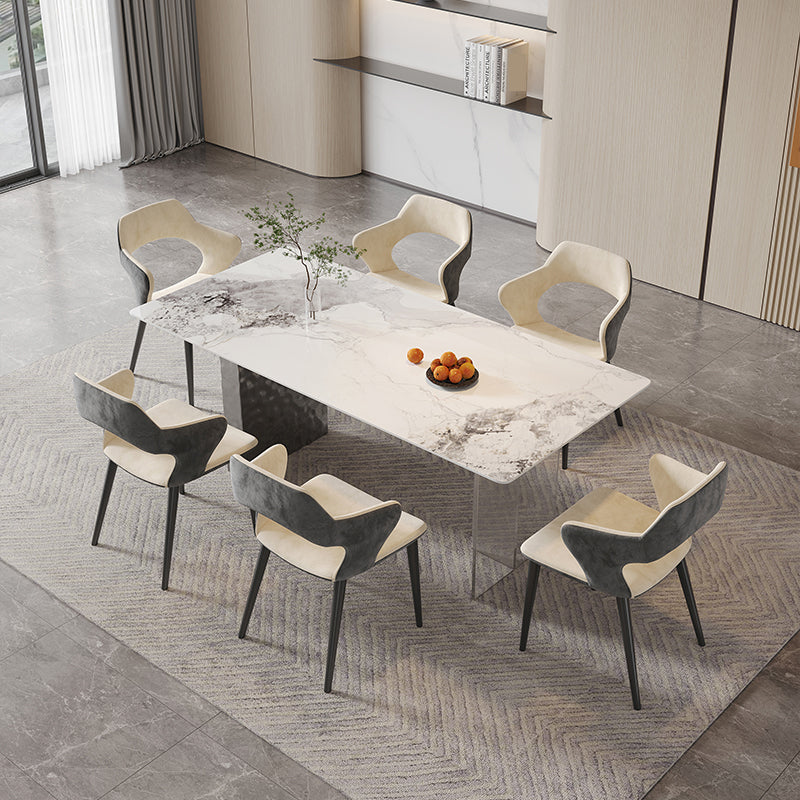 Rectangular Dining Table Grey Stone Table Top Double Pedestal Metal Base