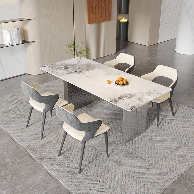 Rectangular Dining Table Grey Stone Table Top Double Pedestal Metal Base