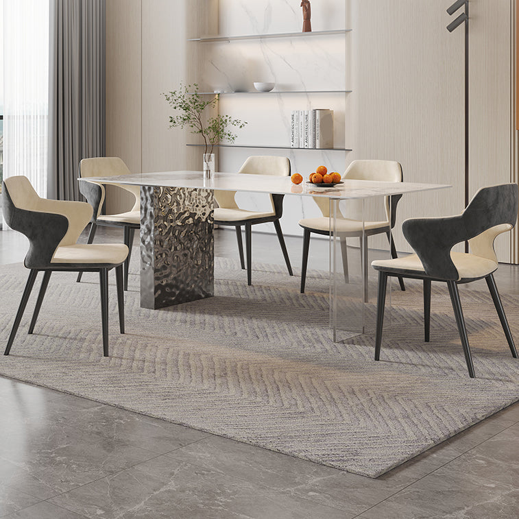 Rectangular Dining Table Grey Stone Table Top Double Pedestal Metal Base