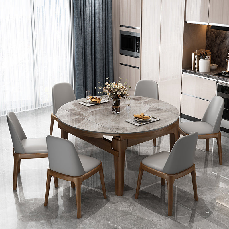 Round Modern Stone Dining Table Extendable for Small Spaces in Grey