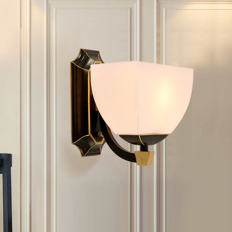 Milk Glass Black Wall Lighting Bowled 1 Head Retro Style Sconce Light Fixture for Living Room