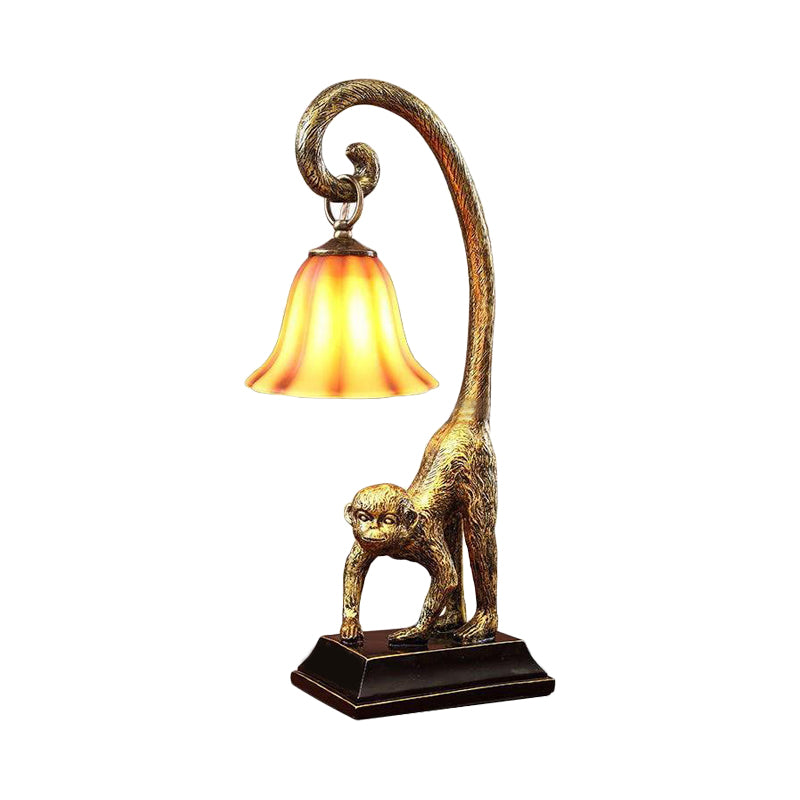 Lampada da comodino carillon in vetro marrone, tradizionale illuminazione da tavolo da salotto a lampadina singola con base a forma di scimmia in bronzo