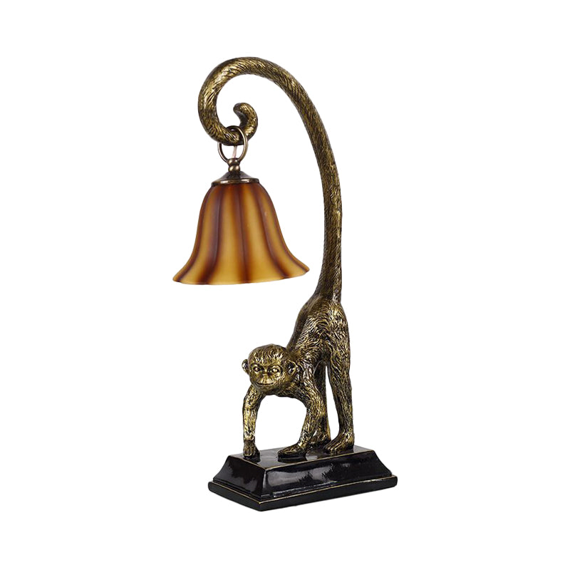 Lampada da comodino carillon in vetro marrone, tradizionale illuminazione da tavolo da salotto a lampadina singola con base a forma di scimmia in bronzo