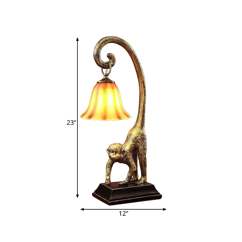 Lampada da comodino carillon in vetro marrone, tradizionale illuminazione da tavolo da salotto a lampadina singola con base a forma di scimmia in bronzo