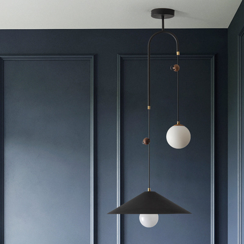 Orb Opal Glass Multi Light Pendant modernisme 2 ampoules Bulbs White / Black Pendulum avec une teinte de fer à 1 cône, 10 "/ 14" de largeur