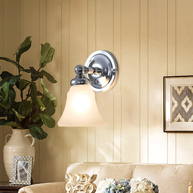 1 Bulb Wall Light Sconce Country Bell White Glass Wall Light Ideas in Silver
