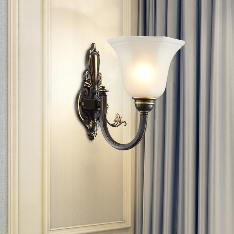 Curved Arm Corridor Wall Lamp Traditional Metal 1/2-Head Brass/Black and Gold Sconce Light with Flared Frosted Glass Shade