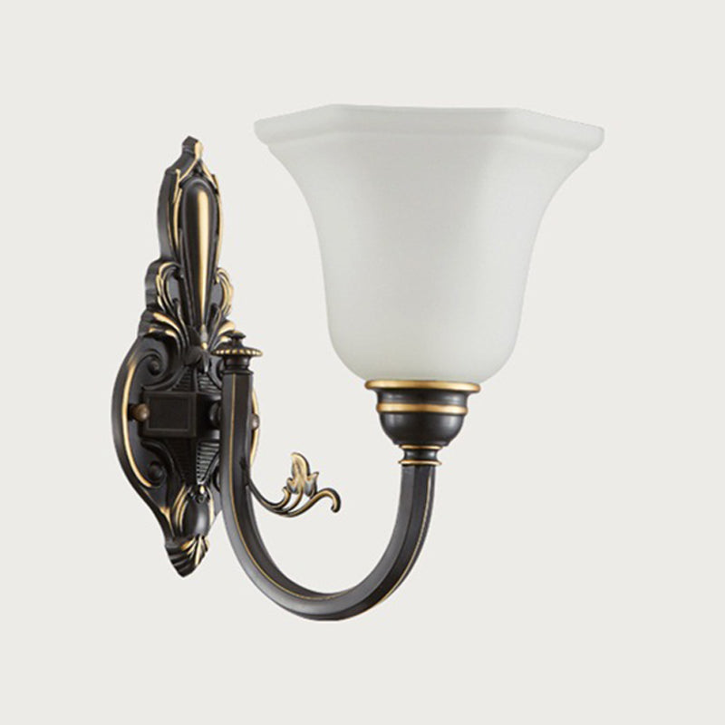 Curved Arm Corridor Wall Lamp Traditional Metal 1/2-Head Brass/Black and Gold Sconce Light with Flared Frosted Glass Shade