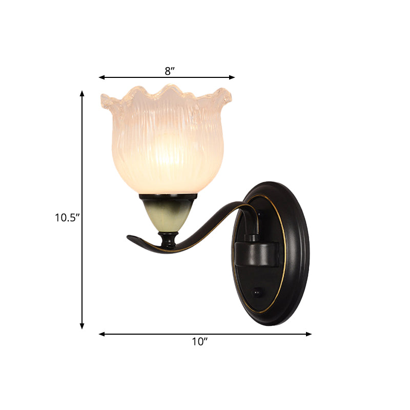 Clear Ribbed Glass Flower Sconce Lamp Countryside 1/2 Lights Living Room Wall Mounted Lighting in Black