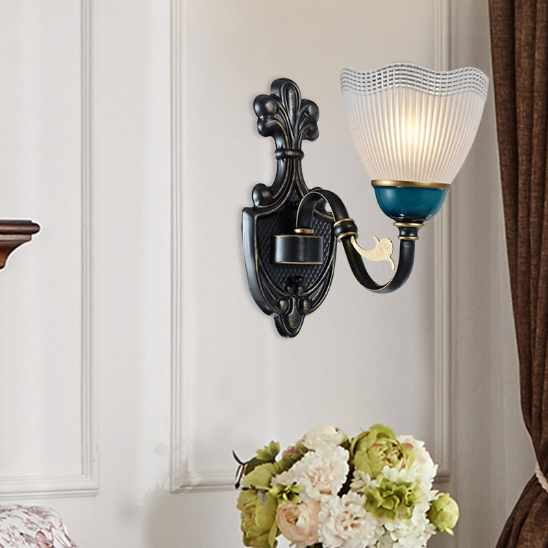 Country Twisted Arm Wall Light Fixture 1/2-Head Metal Sconce Lamp in Black and Blue with Dome Frosted Ribbed Glass Shade
