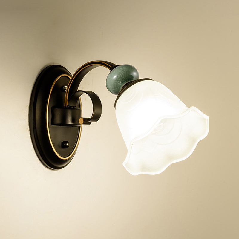 1/2 Bulbs Wall Mounted Light Retro Style Flower Frosted Glass Wall Lighting Ideas in Black with Swooping Arm