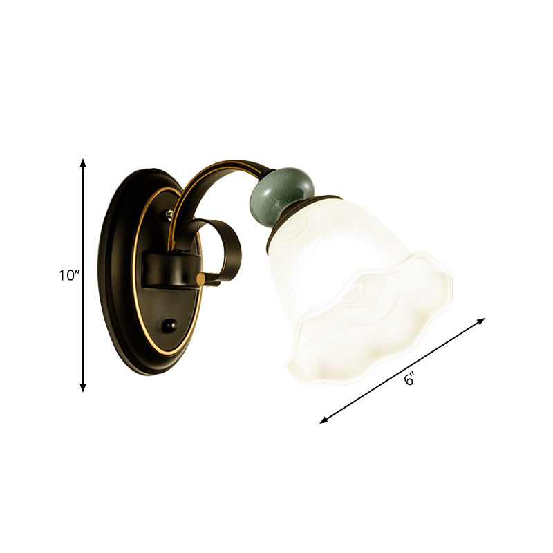 1/2 Bulbs Wall Mounted Light Retro Style Flower Frosted Glass Wall Lighting Ideas in Black with Swooping Arm