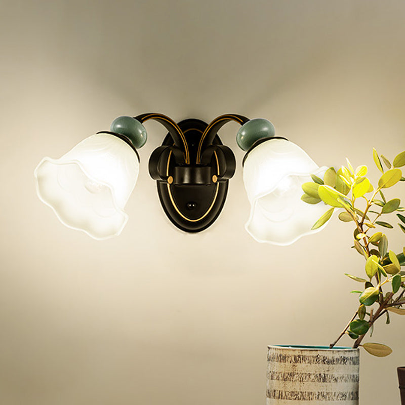 1/2 Bulbs Wall Mounted Light Retro Style Flower Frosted Glass Wall Lighting Ideas in Black with Swooping Arm