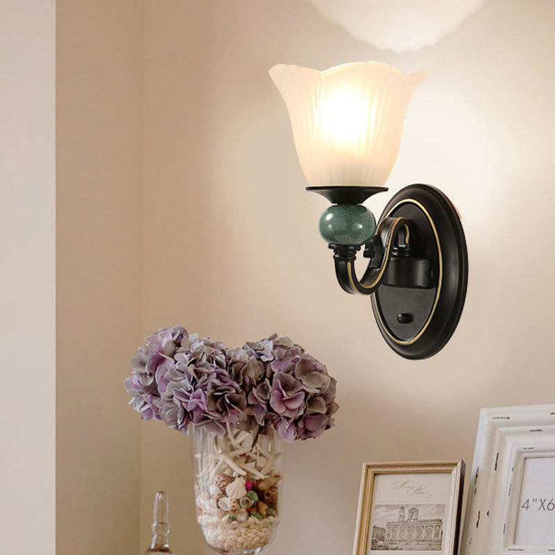 Black Flared Wall Mounted Lamp Traditional Opal Ribbed Glass 1/2-Bulb Bedroom Sconce with Swirl Arm