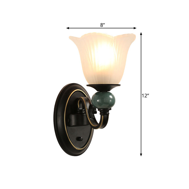 Black Flared Wall Mounted Lamp Traditional Opal Ribbed Glass 1/2-Bulb Bedroom Sconce with Swirl Arm