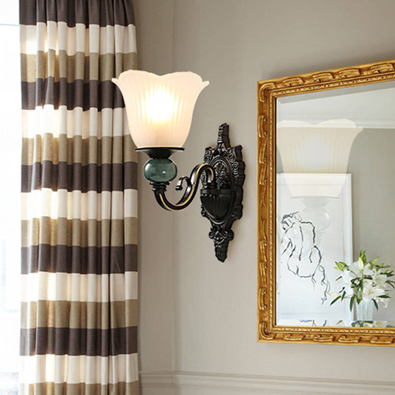 Flared Bedroom Wall Mounted Lighting Classic Style Frosted Glass 1 Head Black Finish Wall Light