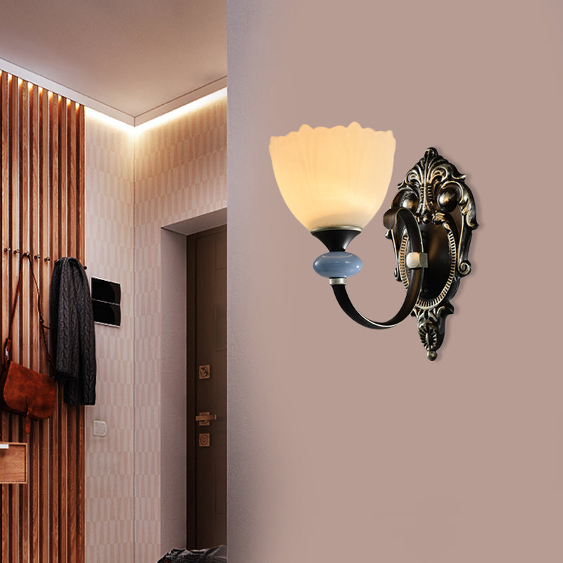 1/2-Head Wall Lamp Countryside Corridor Wall Lighting with Bowl Frosted Glass Shade in Black