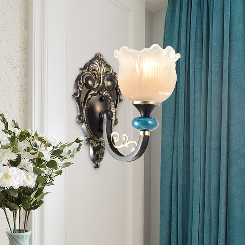 Clear Ribbed Glass Black Sconce Light Flower 1/2 Bulbs Countryside Wall Mounted Lamp with Curved Arm