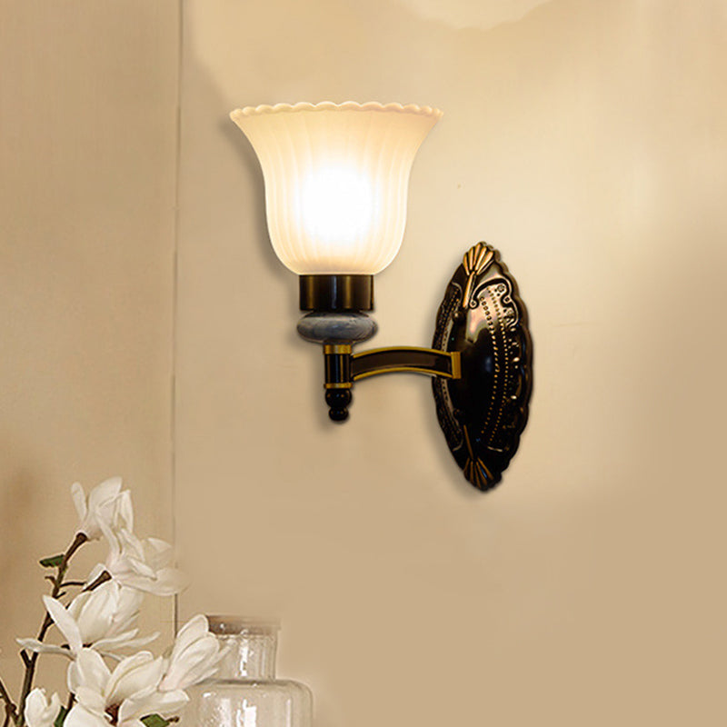 Country Bell Wall Mount Light Fixture 1/2-Light Frosted Glass Sconce Lighting in Black